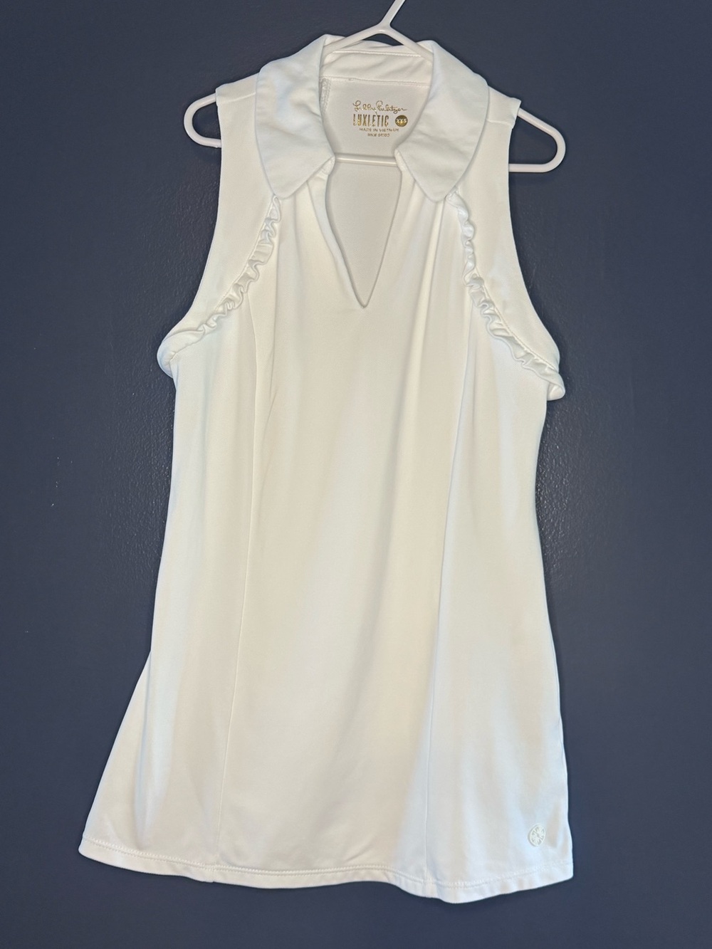 Luxletic Lilly Pulitzer White Sleeveless Polo Tank Ruffle Trim Tennis xxs NWOT